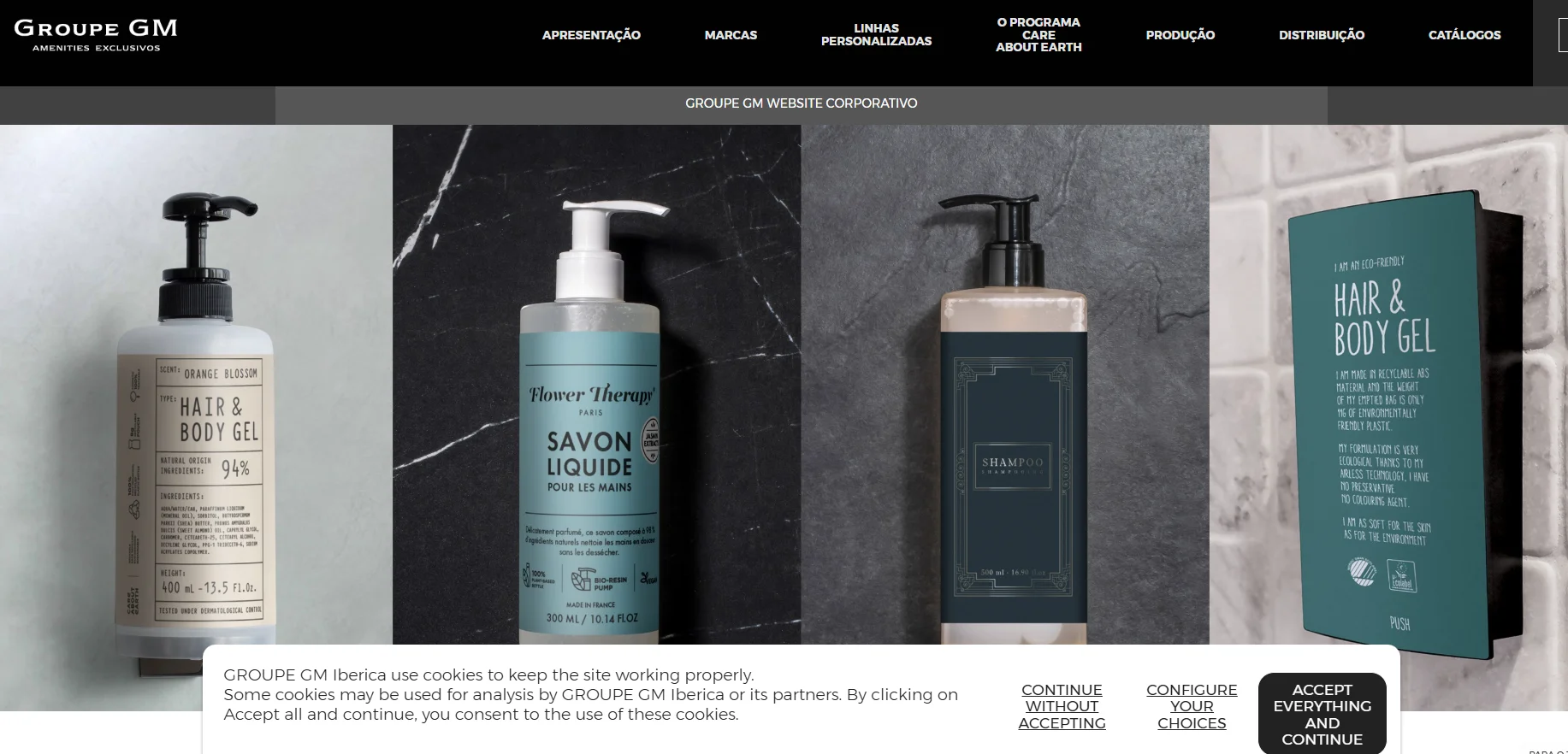 Three different skin and hair care bottles from Groupe GM, showcasing body gel, liquid soap, and shampoo against various textured backgrounds.